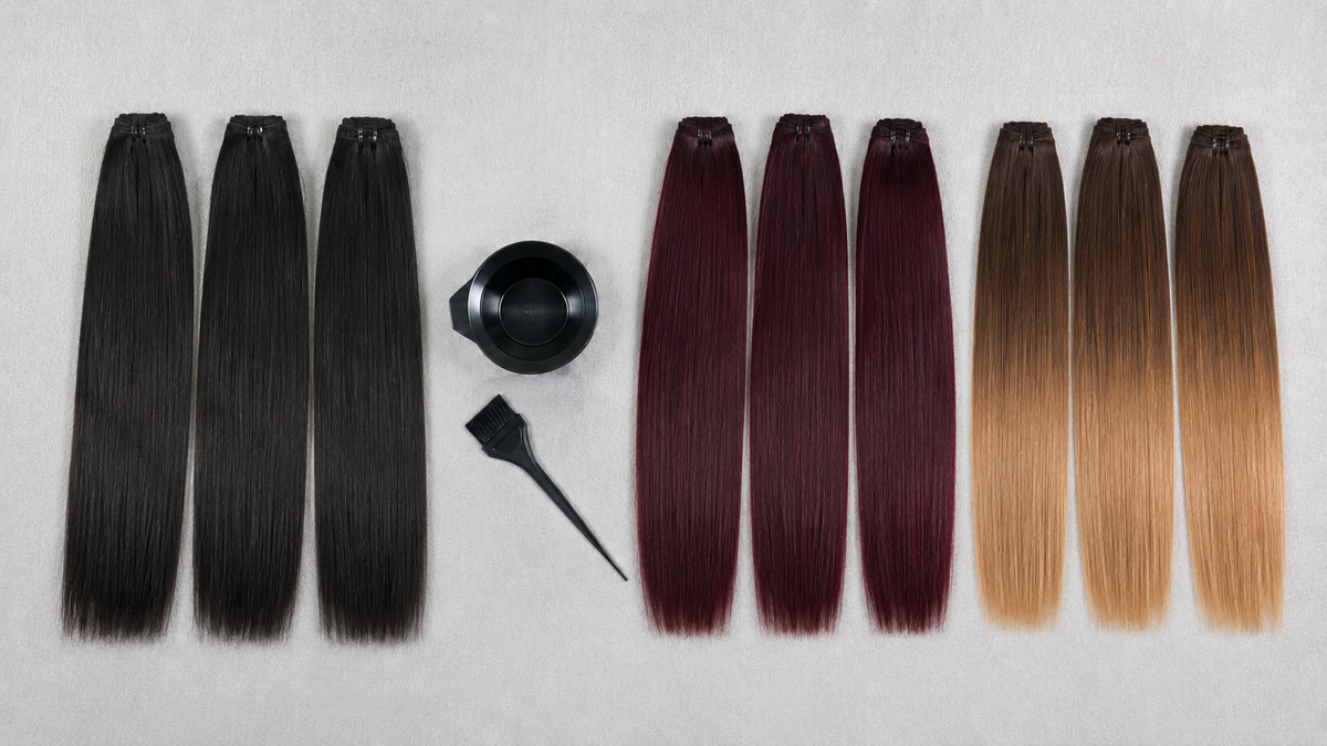 Straight raw human hair bundles in natural black, burgundy and honey-blonde custom colors.