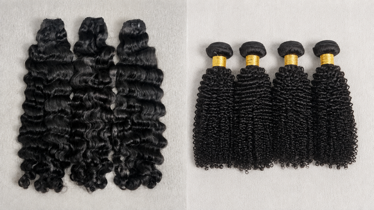 Raw human hair bundles compared with virgin kinky-curly human hair bundles.