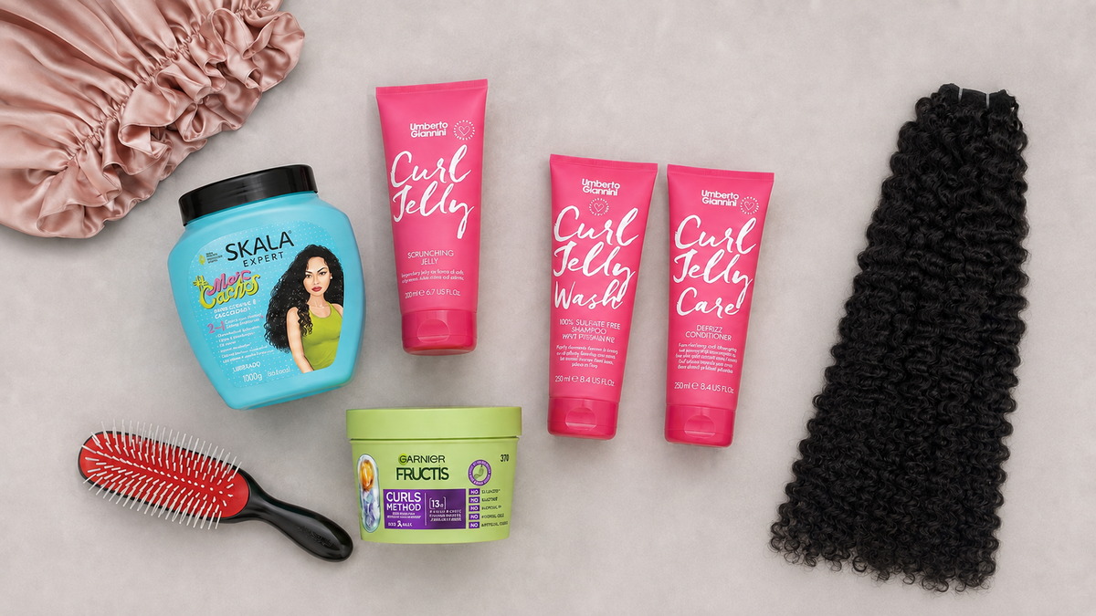VB Raw Hair curly human hair bundles with recommended curly hair shampoo, conditioner, curl cream, hair mask, styling jelly, Denman brush and satin bonnet.