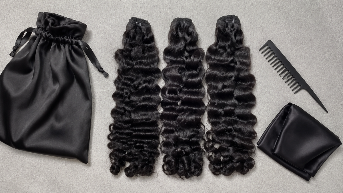 VB Raw Hair bundles beside a satin storage bag and hair-care tools for long-lasting extension care.
